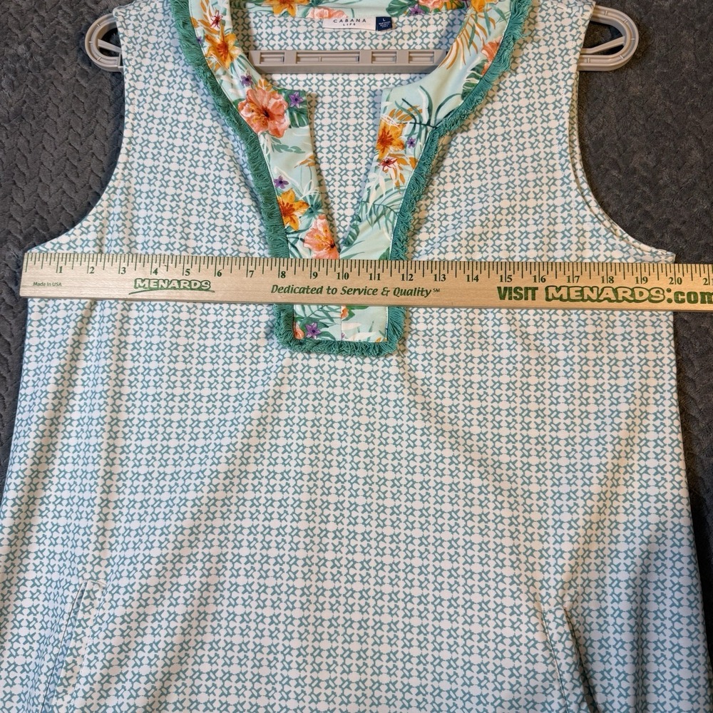 Cabana Life Women Sleeveless Tunic Dress Large Aqua Floral Beach Resort Pockets - Picture 9 of 9